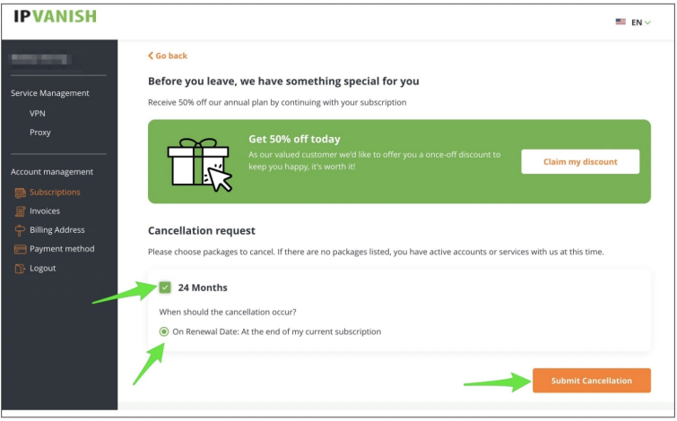 ipvanish submit cancellation