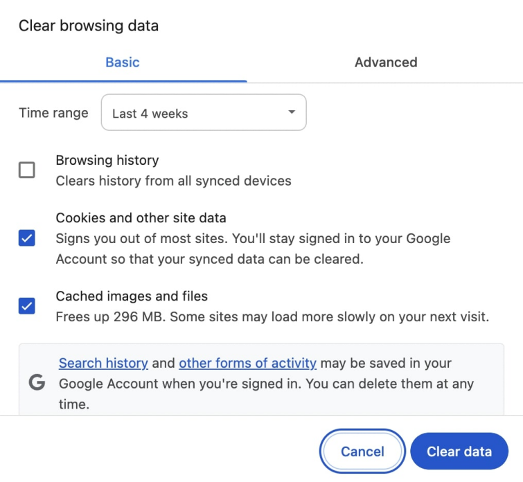 clear browsing data