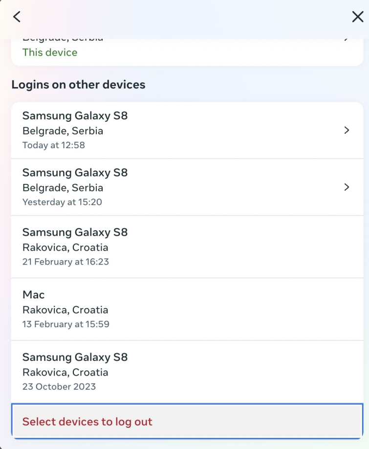 Select devices to log out option in Facebook settings