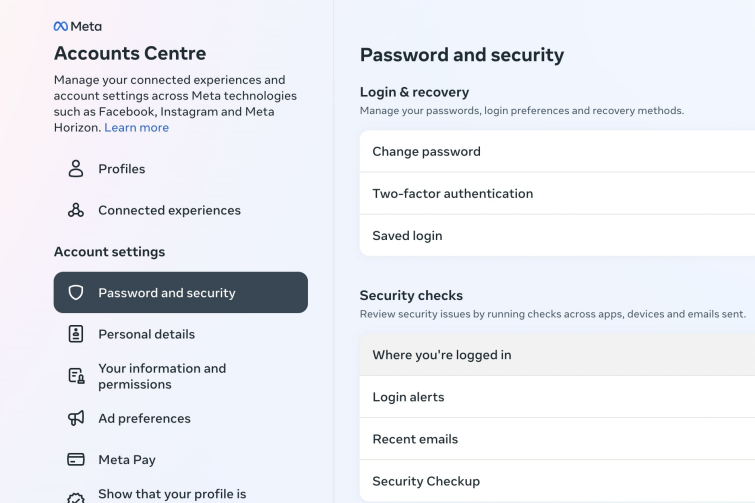 Change password option in Accounts Centre by Meta